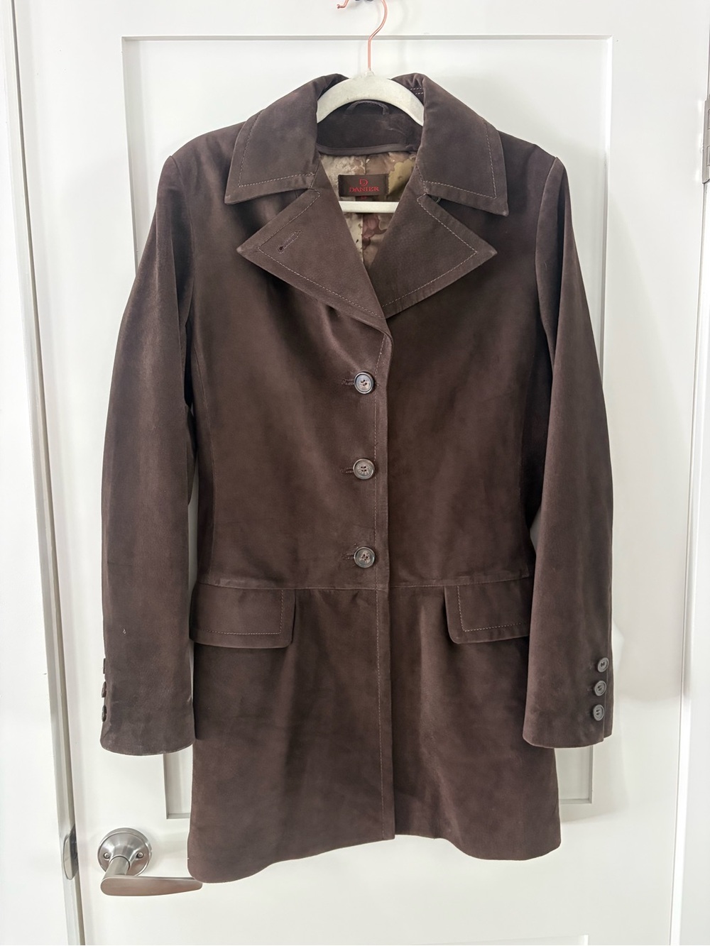 Danier Dark Brown Long suede jacket minimalist closet staple timeless size small
